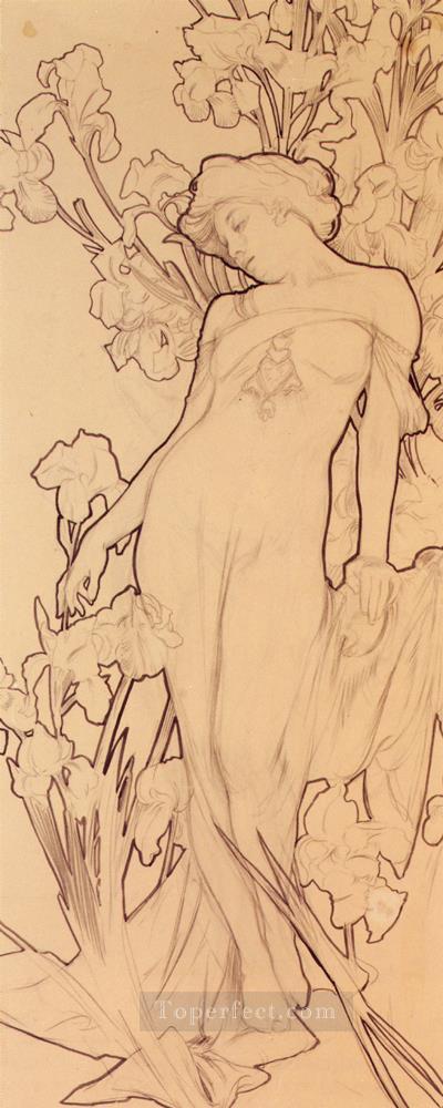 Iris Czech Art Nouveau distinct Alphonse Mucha Oil Paintings